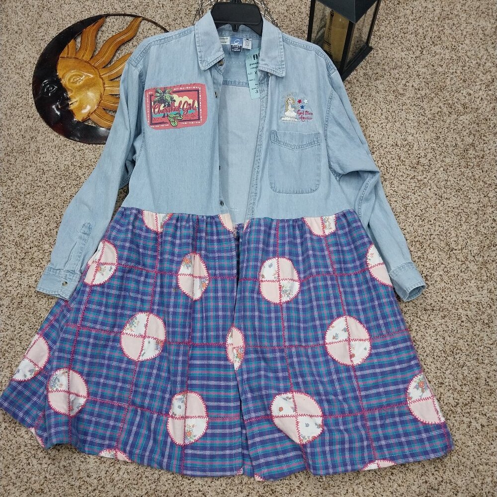 3168 Size XL Port & Company Jean Upcycled Button Down Tunic In Purple and Green - Picture 2 of 7